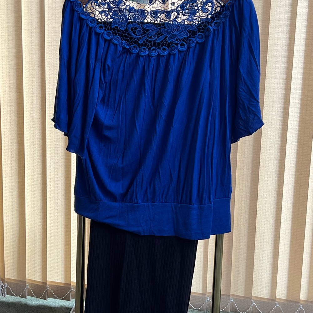 Ruby Ribbon Blue Lace Tunic with pull on Joe Fresh black wide leg pants.
